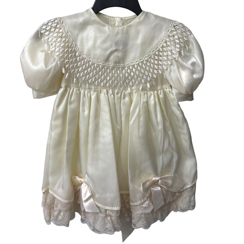 Vintage Honeybee Frilly Lace Dress Girls Sz 5‎ Ivory Flower Girl Pageant Shimmer